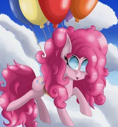Size: 3740x4040 | Tagged: safe, artist:krymak, derpibooru import, pinkie pie, earth pony, pony, :p, balloon, cloud, concave belly, floating, freckles, image, png, solo, then watch her balloons lift her up to the sky, tongue out