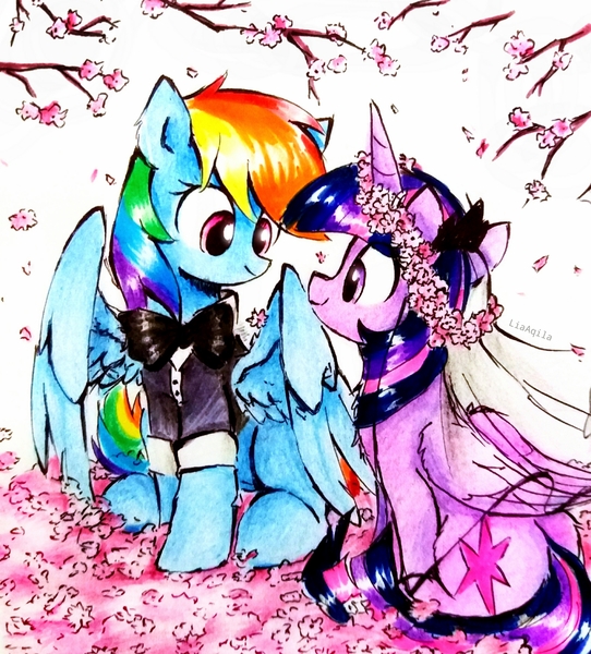 Size: 2681x2968 | Tagged: safe, artist:liaaqila, derpibooru import, rainbow dash, twilight sparkle, twilight sparkle (alicorn), alicorn, pegasus, pony, cherry blossoms, clothes, duo, duo female, eye contact, female, floral head wreath, flower, flower blossom, folded wings, g4, high res, horn, image, jpeg, lesbian, looking at each other, looking at someone, mare, marriage, partially open wings, shipping, signature, sitting, smiling, smiling at each other, traditional art, tuxedo, twidash, wedding, wings