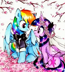 Size: 2681x2968 | Tagged: safe, artist:liaaqila, derpibooru import, rainbow dash, twilight sparkle, twilight sparkle (alicorn), alicorn, pegasus, pony, cherry blossoms, clothes, duo, duo female, eye contact, female, floral head wreath, flower, flower blossom, folded wings, g4, high res, horn, image, jpeg, lesbian, looking at each other, looking at someone, mare, marriage, partially open wings, shipping, signature, sitting, smiling, smiling at each other, traditional art, tuxedo, twidash, wedding, wings