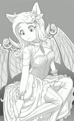 Size: 2521x4096 | Tagged: safe, artist:symbianl, derpibooru import, fluttershy, human, pony, artificial wings, augmented, breasts, busty fluttershy, clothes, dress, eared humanization, female, gray background, grayscale, high res, humanized, image, jpeg, mechanical wing, monochrome, simple background, solo, wings