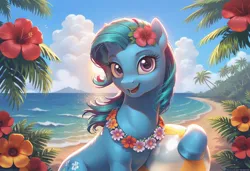 Size: 1216x832 | Tagged: safe, ai content, derpibooru import, generator:civitai, machine learning generated, stable diffusion, paradise, g1, beach, beach ball, blue sky, cloud, floral necklace, flower, flower in hair, generator:pony diffusion v6 xl, happy, hawaii, image, island, jpeg, looking at you, ocean, palm tree, prompter:emilia starsong, sunset, tree, water
