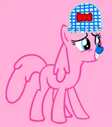 Size: 400x450 | Tagged: safe, artist:rain-approves, artist:spitfirethepegasusfan39, derpibooru import, ponified, earth pony, pony, adult blank flank, base used, blank flank, blue nose, bonnet, bow, female, g4, grin, image, little miss, little miss lucky, lucky, mare, mr. men, mr. men little miss, open mouth, pink background, png, simple background, smiling, solo