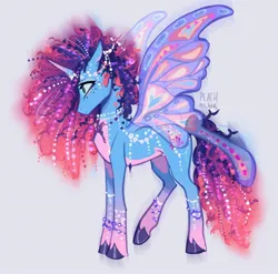 Size: 2156x2133 | Tagged: safe, artist:peachmichea, derpibooru import, alicorn, pony, g5, alicornified, bracelet, butterfly wings, coat markings, concave belly, eyeshadow, female, gradient horn, gray background, high res, hooves, horn, horn markings, image, jewelry, jpeg, makeup, mare, misty brightdawn, mistycorn, pale belly, race swap, raised leg, rebirth misty, simple background, slender, socks (coat marking), solo, spread wings, thin, unshorn fetlocks, wings