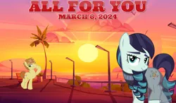 Size: 2064x1204 | Tagged: safe, artist:jhayarr23, artist:kuren247, derpibooru import, coloratura, feather bangs, earth pony, pony, 2024, cloud, colorabangs, female, image, janet jackson, lyrics in the description, male, march, mare, ocean, png, pose, shipping, smiling, song in the description, song reference, stallion, straight, sun, sunrise, sunset, water, youtube link in the description