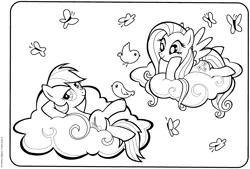 Size: 3011x2033 | Tagged: safe, derpibooru import, official, fluttershy, rainbow dash, bird, butterfly, insect, pegasus, pony, black and white, butt, cloud, coloring book, coloring page, crayola, duo, duo female, female, folded wings, g4, grayscale, hooves behind head, image, looking away, lying down, lying on a cloud, mare, monochrome, on a cloud, on back, png, smiling, spread wings, stock vector, wings