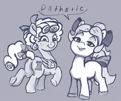 Size: 900x747 | Tagged: safe, artist:ponsce, derpibooru import, cozy glow, posey (g5), earth pony, pegasus, pony, g5, duo, duo female, female, filly, foal, g4, g4 to g5, generation leap, image, jpeg, monochrome