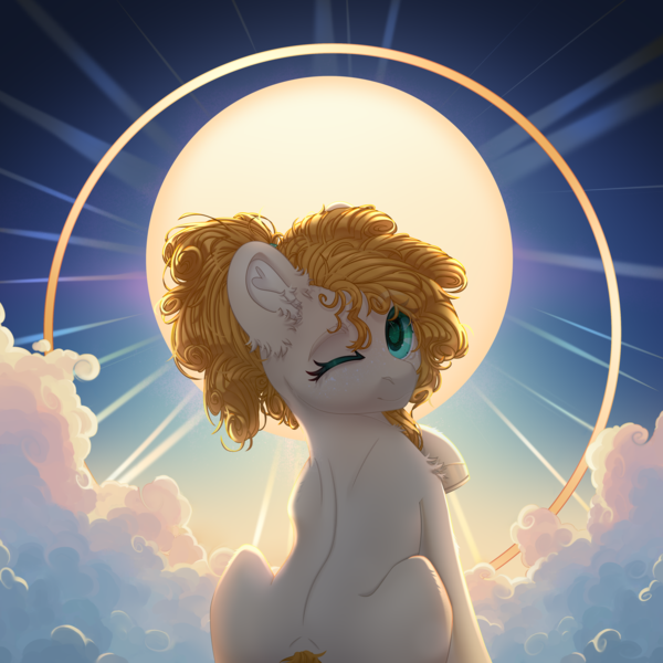 Size: 3500x3500 | Tagged: safe, artist:medkit, derpibooru import, pear butter, earth pony, pony, backlighting, beige coat, blue sky, cloud, colored eyebrows, colored eyelashes, colored hooves, colored lineart, colored pupils, complex background, curly mane, ear cleavage, ear fluff, ears up, eye clipping through hair, eyebrows, eyebrows visible through hair, eyelashes, facial markings, fanart, female, filly, foal, freckles, full body, g4, golden, hairstyle, heart shaped, heaven, high res, hoof fluff, horseshoes, image, leg fluff, lightly watermarked, looking at you, looking back, looking back at you, one eye closed, one eye open, orange mane, png, ponytail, rear view, scrunchie, shading, shoulder fluff, signature, sitting, sky, smiling, smiling at you, solo, sternocleidomastoid, sun, tail, turquoise eyes, wall of tags, watermark, wavy mane, wink, winking at you, young, young pear butter