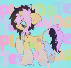 Size: 2048x1938 | Tagged: safe, artist:deadgirl-tv, derpibooru import, oc, oc:playdate, unofficial characters only, pony, unicorn, artist, bandaid, beanbrows, big ears, blue background, blue eyes, blushing, coat markings, colored pinnae, concave belly, emo, eyebrows, eyebrows visible through hair, eyelashes, eyeshadow, fangs, frown, hoof heart, horn, image, jpeg, leg fluff, leonine tail, lidded eyes, makeup, messy mane, messy tail, profile, rainbow text, raised hoof, simple background, socks (coat marking), solo, standing, tail, thin, two toned mane, two toned tail, underhoof, unicorn horn, unicorn oc, wingding eyes, yellow coat