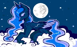 Size: 731x446 | Tagged: safe, artist:junnles, derpibooru import, princess luna, alicorn, pony, blaze (coat marking), blue coat, blue mane, blue tail, cheek fluff, chest fluff, cloud, coat markings, colored hooves, colored wings, colored wingtips, ear fluff, ethereal mane, ethereal tail, eyes closed, eyeshadow, facial markings, female, fetlock tuft, folded wings, full moon, g4, heart, horn, image, leg fluff, limited palette, long mane, long tail, lying down, lying on a cloud, lyrics in the description, makeup, mare, mare in the moon, moon, multicolored mane, multicolored tail, night, on a cloud, png, profile, prone, sitting, sitting on cloud, sky background, sparkles, starry mane, starry sky, starry tail, stars, tail, two toned wings, unicorn horn, wavy mane, wavy tail, wings