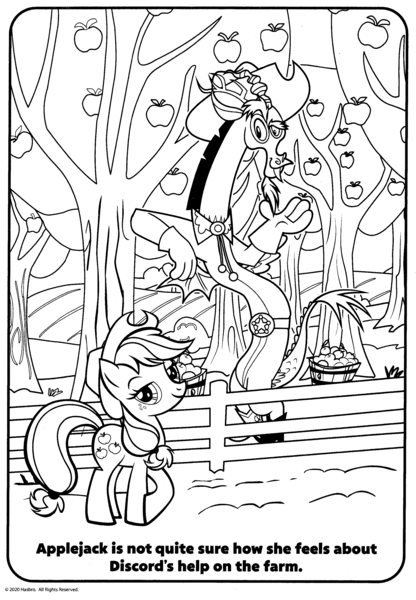 Size: 2099x3031 | Tagged: safe, derpibooru import, official, applejack, discord, draconequus, earth pony, pony, apple, apple tree, belt, belt buckle, black and white, bolo tie, button-up shirt, clothes, coloring book, coloring page, cowboy, cowboy hat, denim, duo, female, fence, food, g4, gloves, grayscale, hat, image, jeans, looking at you, male, mare, monochrome, pants, png, raised hand, shirt, stock vector, sweet apple acres, this will end in chaos, tree