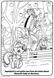 Size: 2099x3031 | Tagged: safe, derpibooru import, official, applejack, discord, draconequus, earth pony, pony, apple, apple tree, belt, belt buckle, black and white, bolo tie, button-up shirt, clothes, coloring book, coloring page, cowboy, cowboy hat, denim, duo, female, fence, food, g4, gloves, grayscale, hat, image, jeans, looking at you, male, mare, monochrome, pants, png, raised hand, shirt, stock vector, sweet apple acres, this will end in chaos, tree
