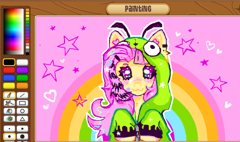 Size: 863x511 | Tagged: safe, artist:junnles, derpibooru import, fluttershy, pegasus, pony, :3, alternate eye color, animal jam, antonymph, beanbrows, blushing, clothes, colored eyebrows, colored eyelashes, colored pinnae, ear fluff, ear piercing, earring, eyebrows, female, fluttgirshy, g4, gir, hair accessory, hairclip, heart, hoodie, hooves to the chest, image, invader zim, jewelry, looking at you, mare, multicolored eyes, neck fluff, piercing, pink mane, png, rainbow, raised hoof, raised hooves, smiling, smiling at you, solo, stars, two toned mane, wingding eyes, yellow coat