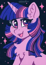 Size: 2924x4126 | Tagged: safe, artist:dandy, derpibooru import, twilight sparkle, pony, unicorn, acrylic painting, alternate hairstyle, blushing, chest fluff, ear fluff, female, g4, high res, horn, image, limited palette, looking at you, mare, open mouth, open smile, png, smiling, solo, traditional art, unicorn twilight