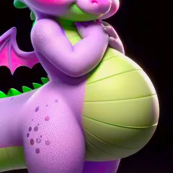 Size: 1200x1200 | Tagged: safe, ai content, derpibooru import, machine learning generated, spike, dragon, belly, big belly, black background, blushing, close-up, fat, fat spike, generator:bing image creator, generator:dall-e 3, huge belly, image, jpeg, male, pretend, prompter:tgut, simple background, solo, stuffed