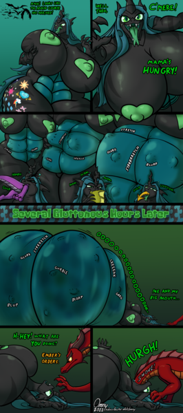 Size: 1277x2884 | Tagged: questionable, semi-grimdark, artist:omny87, derpibooru import, queen chrysalis, anthro, changeling, changeling queen, dragon, amazonian, areola, belly, belly bumps, big belly, big breasts, breasts, busty queen chrysalis, chrysalispred, comic, fangs, female, fetish, forked tongue, giantess, green tongue, heart areola, huge belly, huge breasts, hyper, hyper belly, image, implied fluttershy, implied pinkie pie, implied princess cadance, implied princess celestia, implied princess luna, implied twilight sparkle, impossibly large belly, impossibly large breasts, macro, maw, nipples, nudity, png, stolen cutie marks, thighs, thunder thighs, vore, wide hips, willing vore, zebra stripes