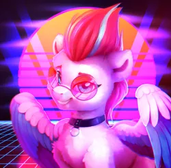 Size: 1949x1908 | Tagged: safe, artist:itssim, derpibooru import, zipp storm, pegasus, pony, g5, accessory, adorazipp, bust, choker, chromatic aberration, colored wings, cute, cyberpunk, error, female, fluffy, glitch, grid, image, mane, mare, multicolored hair, multicolored mane, multicolored wings, neon, outrun, partially open wings, png, retrowave, smiling, smug, solo, solo female, sun, sunglasses, synthwave, vhs, wings