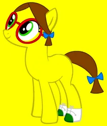 Size: 832x982 | Tagged: safe, artist:monkfishyadopts, artist:spitfirethepegasusfan39, ponified, earth pony, pony, adult blank flank, base used, blank flank, busy, clothes, female, g4, glasses, image, little miss, little miss busy, mare, mr. men, mr. men little miss, pigtails, png, shoes, simple background, smiling, sneakers, solo, yellow background