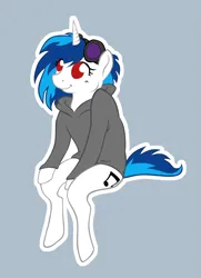 Size: 893x1236 | Tagged: safe, artist:krewcia, derpibooru import, vinyl scratch, pony, unicorn, clothes, female, g4, hoodie, horn, image, no pupils, png, red eyes, sitting, solo, wrong eye color