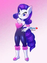 Size: 4500x6000 | Tagged: suggestive, artist:duderedblue, derpibooru import, rarity, anthro, unicorn, absurd resolution, arm behind head, blue eyes, blushing, boots, breasts, busty rarity, cleavage, clothes, cosplay, costume, curly hair, curly tail, eyelashes, female, hand on hip, heart, hips, horn, image, looking at you, png, pose, purple hair, purple tail, rouge the bat, shoes, signature, skintight clothes, smiling, smiling at you, solo, solo female, sonic the hedgehog (series), tail, thighs, unicorn horn, white coat