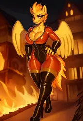 Size: 1480x2160 | Tagged: suggestive, ai content, derpibooru import, machine learning generated, stable diffusion, spitfire, anthro, pegasus, big breasts, bodysuit, breasts, busty spitfire, catsuit, cleavage, clothes, derpibooru exclusive, female, fire, g4, generator:easyfluff v11.2, image, latex, latex suit, png, prompter:inky heart, pyro, rubber, socks, solo, solo female, spitfire pyro, stockings, team fortress 2, thick, thigh highs, thighs, thunder thighs, wide hips