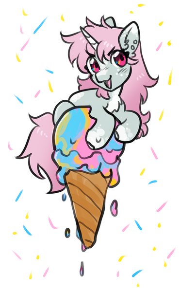 Size: 1783x2865 | Tagged: safe, artist:opalacorn, derpibooru import, oc, oc:scoops, unofficial characters only, pony, unicorn, chest fluff, commission, female, food, horn, ice cream, ice cream cone, image, jpeg, looking at you, mare, open mouth, open smile, ponies in food, simple background, smiling, smiling at you, solo, sprinkles, white background