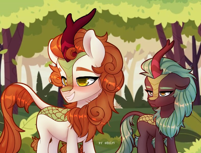 Size: 2496x1904 | Tagged: safe, artist:shelti, artist:shelti_bye, derpibooru import, autumn blaze, cinder glow, summer flare, kirin, blushing, cinder glow is not amused, duo, duo female, female, forest, frown, g4, grin, high res, horn, image, jpeg, nature, outdoors, signature, smiling, tail, tree, unamused