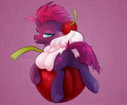 Size: 3000x2500 | Tagged: safe, artist:shelti, artist:shelti_bye, derpibooru import, fizzlepop berrytwist, tempest shadow, pony, unicorn, bedroom eyes, broken horn, butt, cherry, dock, featureless crotch, female, food, frog (hoof), g4, gradient background, heart, heart eyes, high res, horn, image, jpeg, looking at you, looking back, looking back at you, mare, plot, ponies in food, signature, smiling, smiling at you, solo, tail, tempass, underhoof, wingding eyes