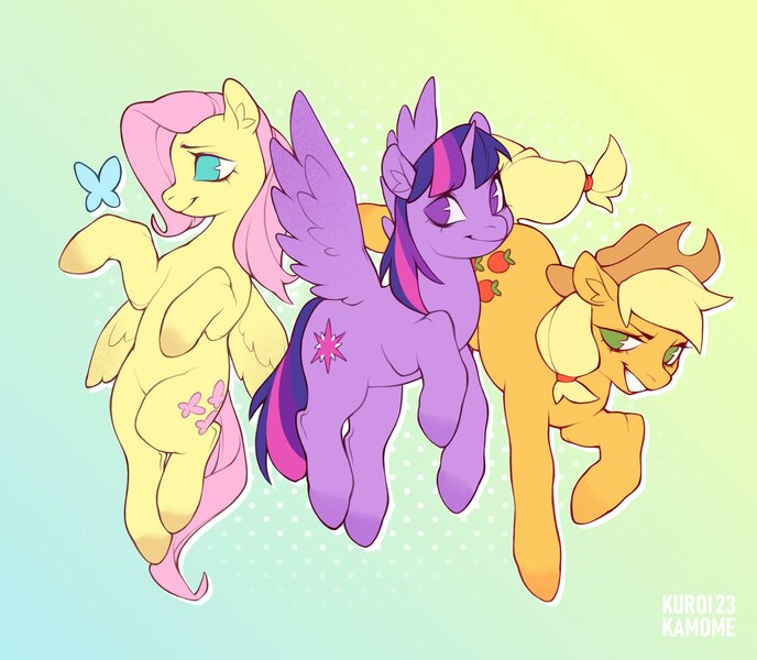 Size: 2560x2233 | Tagged: safe, artist:kuroikamome, derpibooru import, part of a set, applejack, fluttershy, twilight sparkle, twilight sparkle (alicorn), alicorn, butterfly, earth pony, insect, pegasus, pony, applejack's hat, blonde mane, blonde tail, blue eyes, colored hooves, cowboy hat, ear fluff, eyelashes, female, flying, g4, gradient background, green eyes, hat, hooves in air, image, in air, jpeg, lidded eyes, mare, multicolored mane, multicolored tail, narrowed eyes, orange coat, pink mane, pink tail, ponytail, purple coat, purple eyes, raised hoof, signature, smiling, spread wings, tail, tied tail, trio, trio female, wings, wings down, yellow coat, yellow mane, yellow tail