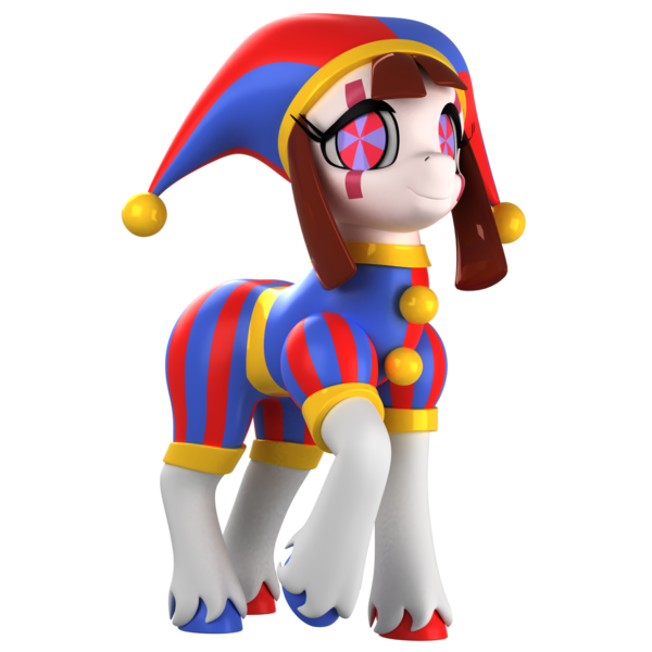 Size: 1500x1500 | Tagged: safe, artist:argos90, derpibooru import, ponified, earth pony, pony, 3d, 3d model, female, hat, image, jester, jester hat, jester outfit, mare, png, pomni, ponmi, simple background, solo, the amazing digital circus, transparent background