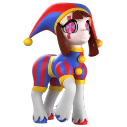 Size: 1500x1500 | Tagged: safe, artist:argos90, derpibooru import, ponified, earth pony, pony, 3d, 3d model, female, hat, image, jester, jester hat, jester outfit, mare, png, pomni, ponmi, simple background, solo, the amazing digital circus, transparent background