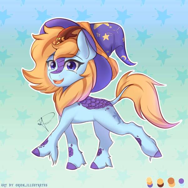Size: 5000x5000 | Tagged: safe, artist:orion_illustrates, derpibooru import, oc, oc:whimsy charm, unofficial characters only, kirin, pony, comic:tales of the unseen, g4, gradient background, hat, image, jpeg, kirin oc, leonine tail, looking at you, magician outfit, patterned background, scales, smiling, smiling at you, solo, tail