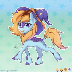 Size: 5000x5000 | Tagged: safe, artist:orion_illustrates, derpibooru import, oc, oc:whimsy charm, unofficial characters only, kirin, pony, comic:tales of the unseen, g4, gradient background, hat, image, jpeg, kirin oc, leonine tail, looking at you, magician outfit, patterned background, scales, smiling, smiling at you, solo, tail