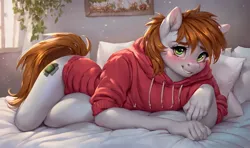 Size: 1728x1024 | Tagged: dead source, suggestive, ai content, anonymous prompter, derpibooru import, machine learning generated, stable diffusion, oc, oc:littlepip, unofficial characters only, anthro, fallout equestria, blushing, clothes, generator:pony diffusion v6 xl, hoodie, image, jpeg, looking at you, smiling, smiling at you, solo
