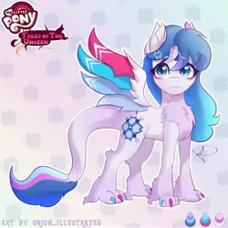 Size: 5000x5000 | Tagged: safe, artist:orion_illustrates, derpibooru import, oc, oc:aurora harmony flower, hybrid, pony, comic:tales of the unseen, broken horn, chest fluff, claws, colored wings, fluffy, hairclip, horn, image, jpeg, long mane, multicolored wings, spread wings, wings