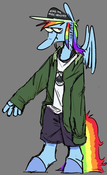 Size: 734x1200 | Tagged: dead source, safe, artist:love2gruel, derpibooru import, rainbow dash, anthro, pegasus, baseball cap, cap, clothes, female, gray background, hat, image, jacket, jpeg, shorts, simple background, solo