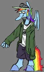 Size: 734x1200 | Tagged: dead source, safe, artist:love2gruel, derpibooru import, rainbow dash, anthro, pegasus, baseball cap, cap, clothes, female, gray background, hat, image, jacket, jpeg, shorts, simple background, solo