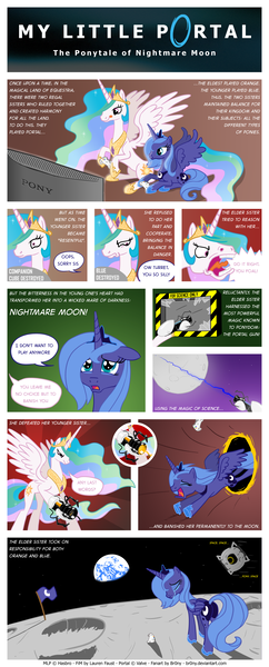 Size: 1500x3726 | Tagged: safe, artist:br0ny, derpibooru import, princess celestia, princess luna, alicorn, pony, artifact, butt, comic, crying, female, g4, image, mare, moon, plot, png, portal, portal (valve), portal gun, princess, royal sisters, s1 luna, siblings, sisters, space core, spread wings, to the moon, wings