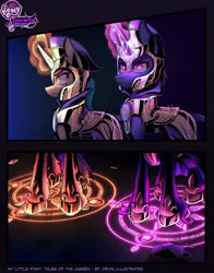 Size: 3250x4156 | Tagged: safe, artist:orion_illustrates, derpibooru import, oc, pony, unicorn, comic:tales of the unseen, friendship is magic, armor, clothes, comic, female, g4, glow, glowing eyes, glowing horn, helmet, horn, image, jpeg, leonine tail, magic, magic circle, male, royal guard, shoes, tail