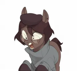 Size: 1280x1175 | Tagged: oc name needed, safe, artist:kuroikamome, derpibooru import, oc, unofficial characters only, earth pony, pony, angry, beret, brown coat, brown eyes, brown mane, brown tail, clothes, colored hooves, colored pinnae, ear piercing, earring, earth pony oc, glasses, hat, image, jewelry, jpeg, male, narrowed eyes, open mouth, piercing, raised hoof, raised hooves, short mane, short tail, simple background, solo, stallion, sweater, tail, teeth, white background, yelling