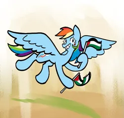 Size: 607x579 | Tagged: safe, artist:balileart, derpibooru import, rainbow dash, pegasus, pony, female, flag, flying, grin, hoof hold, image, looking at you, mare, mouthpiece, palestine, png, politics, request, smiling, smiling at you, solo, spread wings, wings