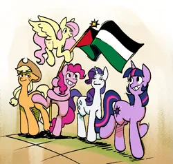 Size: 607x579 | Tagged: safe, artist:balileart, derpibooru import, applejack, fluttershy, pinkie pie, rarity, twilight sparkle, earth pony, pegasus, pony, unicorn, female, flag, flying, grin, hoof hold, horn, image, mare, mouthpiece, palestine, png, politics, request, smiling, spread wings, unicorn twilight, wings