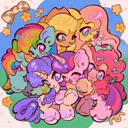 Size: 2048x2048 | Tagged: safe, artist:yanyannonoz, derpibooru import, applejack, fluttershy, pinkie pie, rainbow dash, rarity, twilight sparkle, alicorn, earth pony, pegasus, pony, unicorn, bow, ear piercing, earring, female, freckles, hair bow, horn, hug, image, jewelry, jpeg, mane six, mare, piercing, unshorn fetlocks