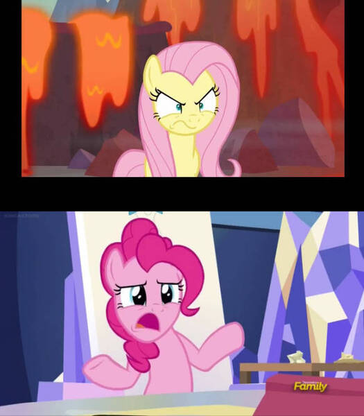 Size: 582x665 | Tagged: safe, artist:batman714, derpibooru import, edit, edited screencap, screencap, fluttershy, pinkie pie, earth pony, pegasus, pony, sparkle's seven, sweet and smoky, cutie map, duo, duo female, female, g4, glare, image, jpeg, mare, twilight's castle