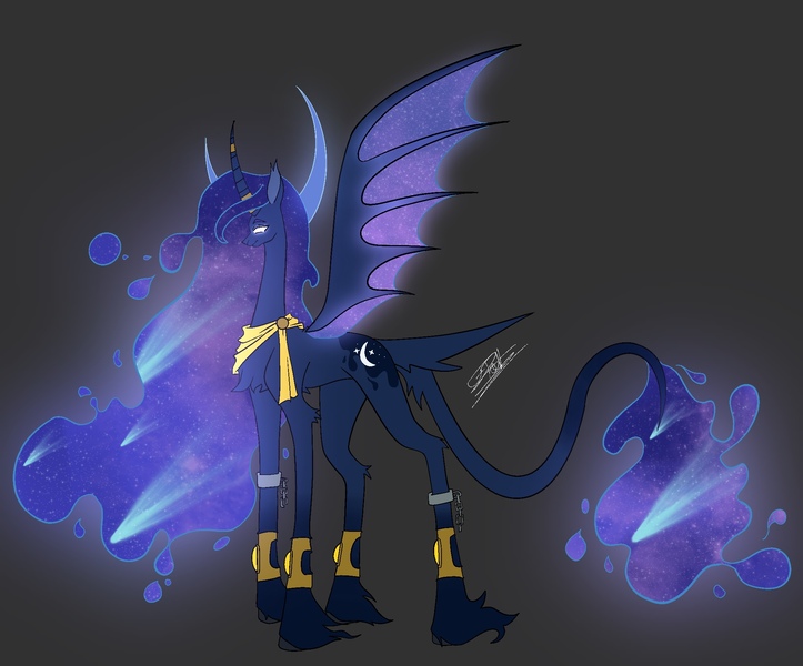 Size: 2048x1699 | Tagged: safe, artist:arcticsaiyan, derpibooru import, princess luna, alicorn, pony, chains, coat markings, curved horn, glow, glowing eyes, glowing mane, halo, horn, image, jpeg, leonine tail, redesign, sharkface, slender, socks (coat marking), solo, tail, thin