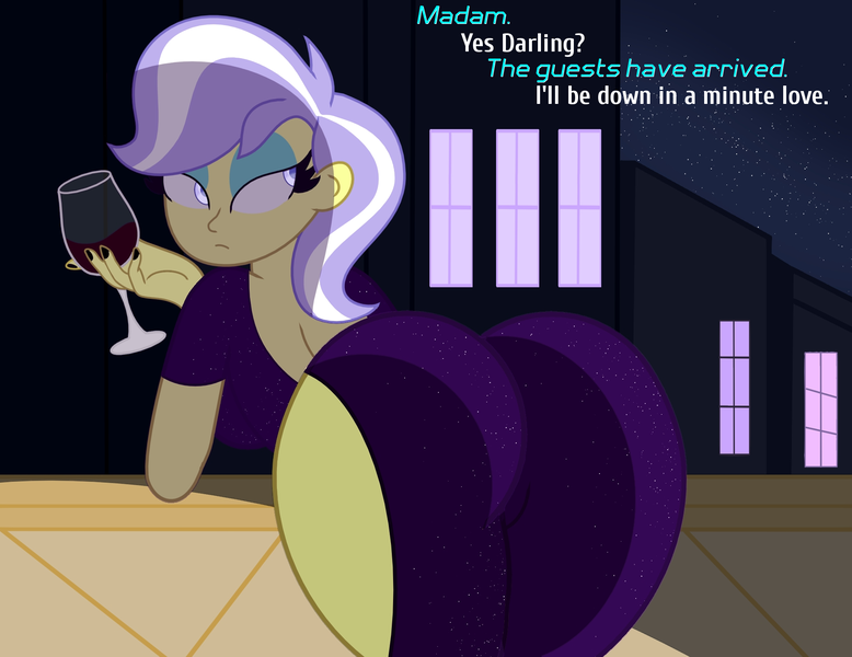 Size: 1920x1480 | Tagged: suggestive, artist:the lunar archer, derpibooru import, upper crust, equestria girls, alcohol, balcony, bent over, building, butt, clothes, dress, female, g4, glass, image, looking back, makeup, night, png, sexy, sultry pose, text, the ass was fat, upper butt, window, wine, wine glass