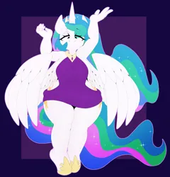 Size: 2897x3012 | Tagged: suggestive, artist:ephemilie, derpibooru import, princess celestia, alicorn, anthro, backless, bedroom eyes, butt, clothes, disproportional anatomy, huge butt, image, large butt, looking at you, open-back sweater, png, sleeveless, sleeveless sweater, spread wings, sweater, tiny torso, virgin killer sweater, wide hips, wings
