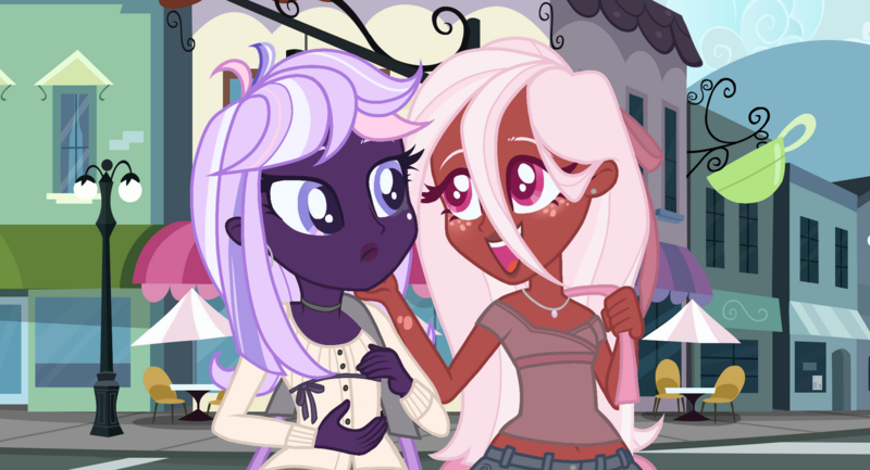 Size: 1280x692 | Tagged: safe, artist:jellybeanroom, derpibooru import, oc, oc:cloud cascade, oc:pink lady, unofficial characters only, human, equestria girls, bag, base used, choker, city, clothes, denim, duffle bag, duo, duo female, equestria girls-ified, female, g4, gym, hand on face, image, jeans, jewelry, looking at each other, looking at someone, midriff, necklace, offspring, outdoors, pants, parent:big macintosh, parent:fluttershy, parent:twilight sparkle, parents:fluttermac, png, shirt, smiling