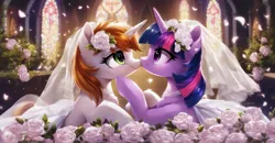 Size: 1728x896 | Tagged: safe, ai content, derpibooru import, machine learning generated, twilight sparkle, oc, oc:littlepip, pony, unicorn, fallout equestria, church, clothes, dress, flower, flower in hair, happy, horn, image, jpeg, kissing, petals, wedding dress