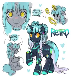 Size: 3201x3451 | Tagged: safe, artist:opalacorn, derpibooru import, oc, oc:retro, unofficial characters only, pony, robot, robot pony, unicorn, controller, dexterous hooves, female, floating heart, glow, glowing horn, headphones, heart, hoof hold, horn, image, jpeg, levitation, magic, mare, simple background, smiling, solo, telekinesis, white background