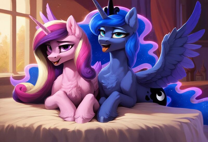 Size: 1216x832 | Tagged: suggestive, ai content, machine learning generated, ponerpics import, ponybooru import, princess cadance, princess luna, alicorn, pony, ahegao, chest fluff, ear fluff, ears, female, generator:pony diffusion v6 xl, image, jpeg, looking at you, mare, one wing out, open mouth, tongue out, unshorn fetlocks, window, wings